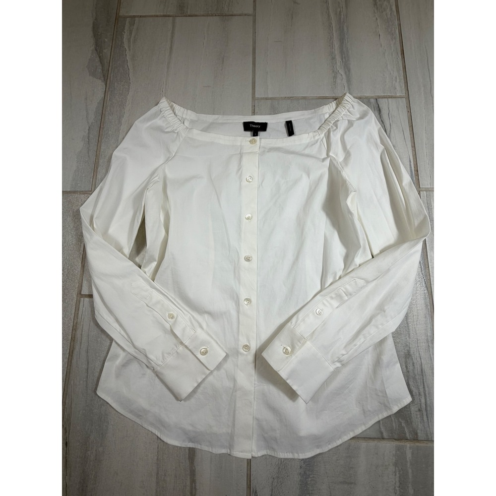 Theory Auriana Stretch Cotton Off The Shoulder Button Front Blouse White S - Picture 2 of 8